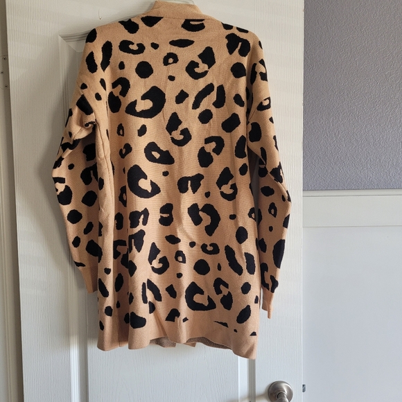 Tan/Black Leopard Print Long Open Front Cardigan Sweater Size M/L - Picture 5 of 10